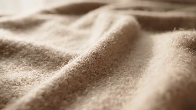 Macro texture of soft beige wool cashmere fabric folds.