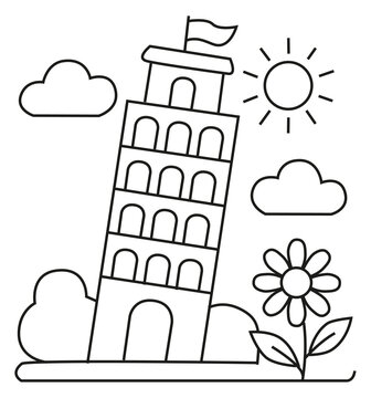 Tour de Pise en Italie, dessin au trait dessin&eacute; &agrave; la main, illustration style gribouillage, page &agrave; colorier pour enfants