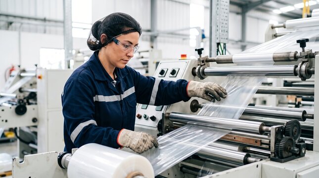 Woman factory worker operating industrial machine to produce transparent plastic film. Manufacturing process, workplace safety and modern packaging industry concept.