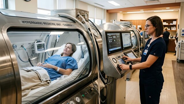Female patient receiving hyperbaric oxygen therapy in a chamber while nurse monitors controls