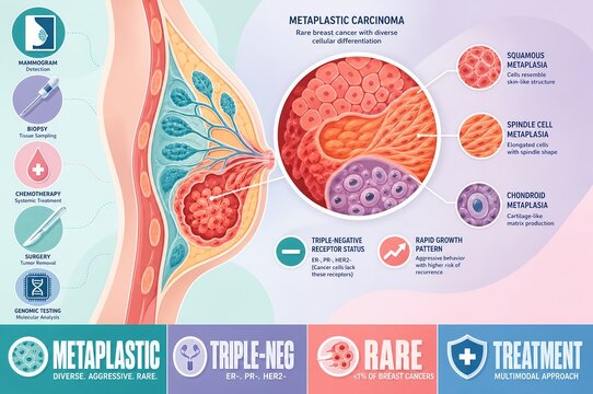 Metaplastic breast carcinoma oncology infographic illustration of rare triple negative tumor pathology