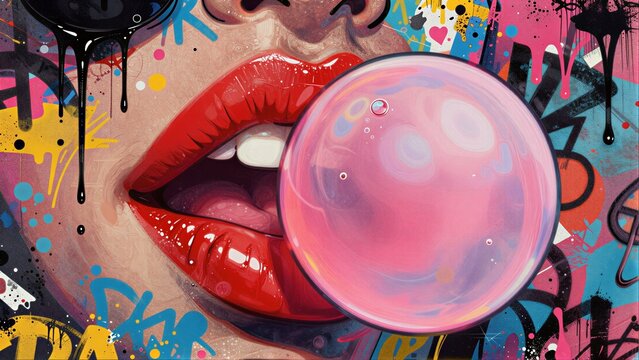 Vibrant graffiti background, bold red lips blowing giant pink bubble gum.