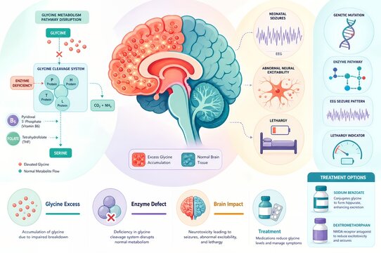 Nonketotic hyperglycinemia genetic disease infographic illustration of glycine encephalopathy
