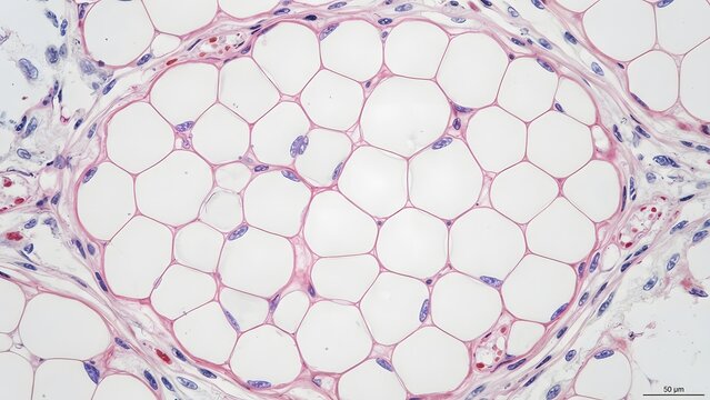 Microscopic view of adipose tissue showing a cluster of adipocytes with large lipid vacuoles and flattened nuclei, surrounded by connective tissue and blood vessels.