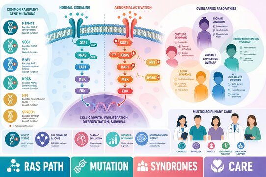 RASopathy genetic mutation infographic illustration of RAS MAPK pathway cell signaling
