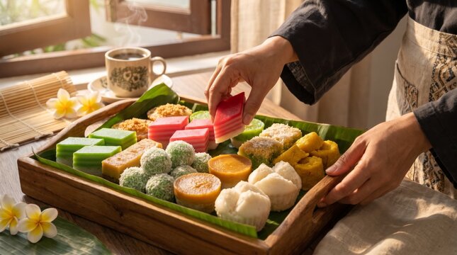 Traditional Malaysian desserts kuih arranged in a festive Merdeka inspired red, white, blue and yellow color palette