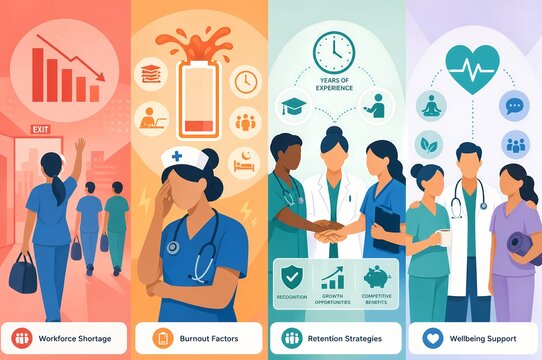 Healthcare workforce retention challenges infographic illustration of nurse burnout factors