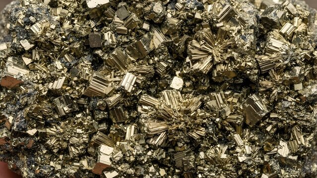 Close-up macro view of a glittering pyrite mineral cluster with cubic and radial crystalline formations.