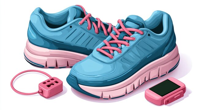 Blue Running Shoes with Pink Laces and Fitness Tracker Accessories