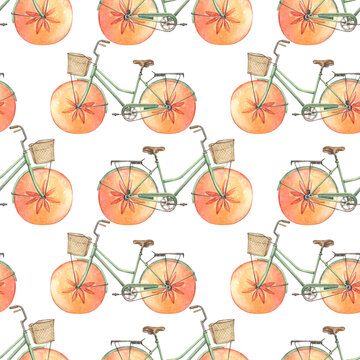 Watercolor seamless pattern with hand-drawn bicycle with wheel - orange persimmon fruit slice on white background. Vintage transport for summer walking. Art for sketchbook. Wallpaper or wrapping