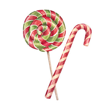 Watercolor Christmas red candy cane isolated on white background. Sweet lollipop for New Year gift. Children dessert for celebration. Hand-drawn cute clipart for card. Wallpaper or wrapping