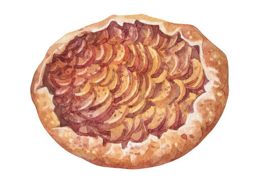 Watercolor warm cinnamon apple pie isolated on white background. Hand-drawn cozy autumn dessert for bakery menu or food packaging and recipe blog. Sweet clipart for kitchen wallpaper or wrapping