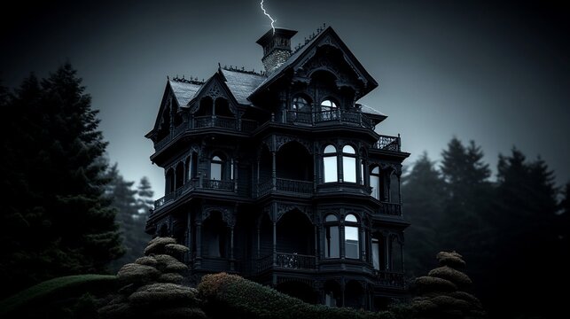 Spooky mansion under stormy skies, ominous and foreboding. Lightning strikes the roof