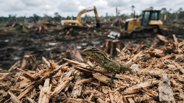 Small lizard sits on wood chips in deforested area with excavators in background
