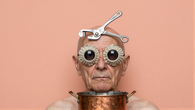 Old man with shell eyes and wrench on head, holding copper pot.