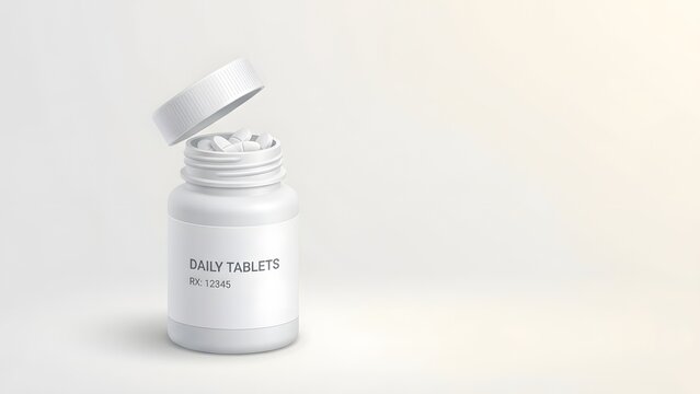 A white pill bottle with the cap open, filled with small white tablets and a label that reads 'DAILY TABLETS RX: 12345'