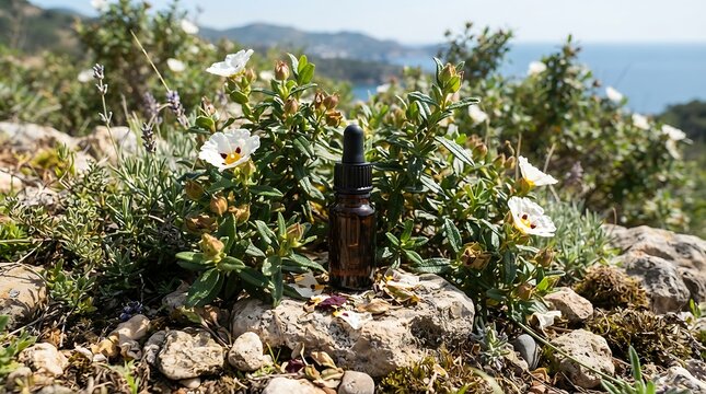 Natural organic flame-cistus essential oil dropper bottle in a picturesque coastal landscape setting surrounded by blooming rockrose flowers and Mediterranean flora