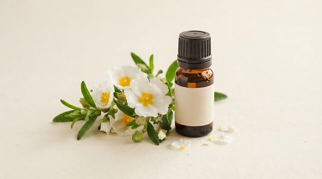 A dropper bottle of flame-cistus essential oil next to fresh white rockrose flowers on a beige background, perfect for natural aromatherapy concepts.