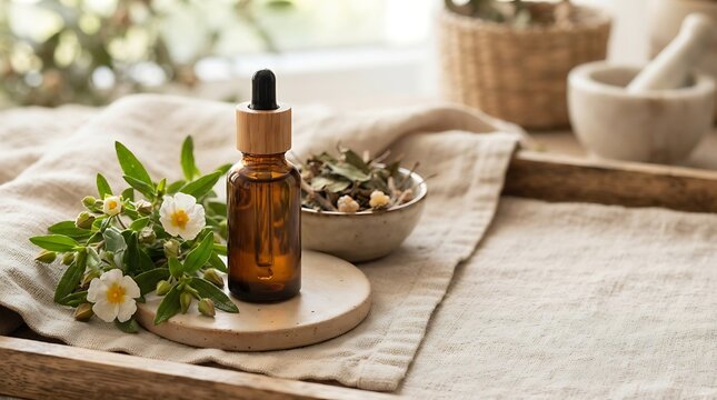 Natural flame-cistus essential oil in a dropper bottle with fresh white rockrose flowers and dried leaves on a rustic linen cloth background for aromatherapy.