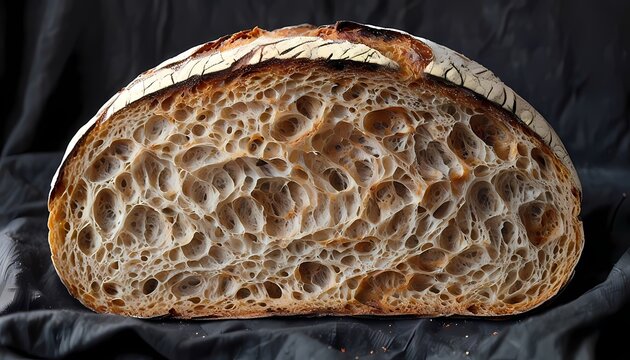 Close up photograph of crusty sourdough bread slice showing open airy crumb texture on dark linen