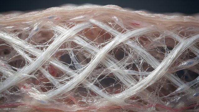 Close-up cross-section of human skin showing collagen fibers interwoven with other dermal structures.