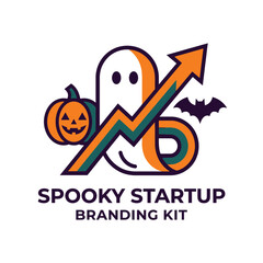 Naklejka premium Halloween Ghost and Pumpkin with Upward Growth Arrow Vector Illustration for Spooky Business Branding