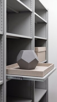 Grey dodecahedron sculpture on tray inside metal storage unit
