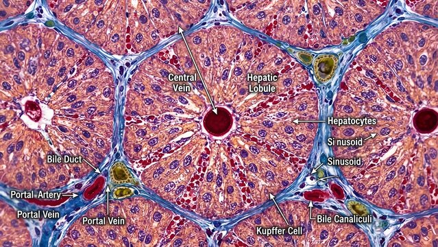 Microscopic view of hepatic lobule in the liver showing central vein, portal vein, hepatic artery, bile duct, hepatocytes, and sinusoids.