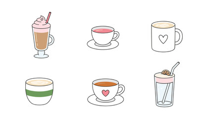 Fototapeta premium Cute Coffee Cup and Tea Mug Vector Set with Frappe, Latte Art, and Heart Designs for Pastel Cafe Menus and Romantic Beverage Illustrations