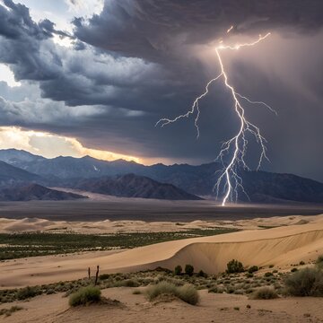 Dramatic lightning strike over desert sand dunes during a stormy evening with dramatic cloud formations