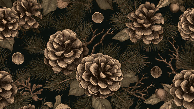 Pine cones, pine needles, twigs, leaves, and a few scattered acorns&mdash;drawn with pen and ink.