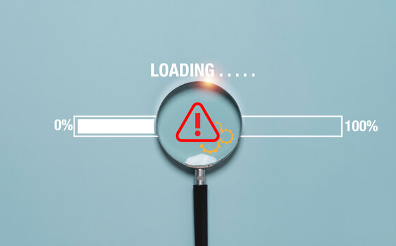 Loading progress bar with warning symbol under magnifying glass, representing system error detection, troubleshooting, diagnostic process, software update, maintenance and technical problem solving.