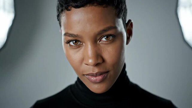 Confident portrait of young woman looking at camera, soft studio light