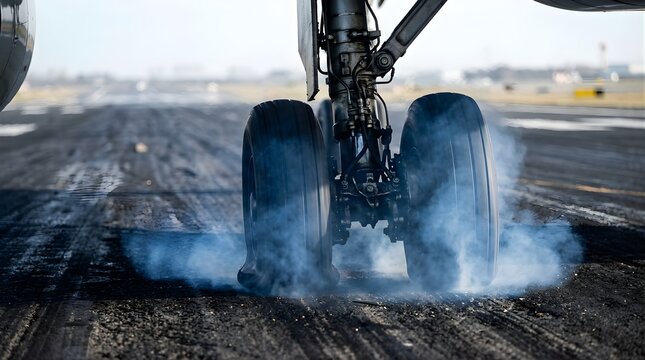 Airplane landing gear touching down on runway with smoke and tire marks