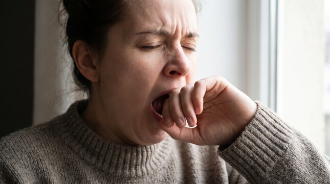 Woman yawning from tiredness or boredom, covering her mouth with her hand. Her eyes are closed and she wears a cozy sweater