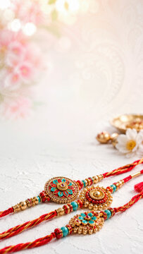 Four colorful jeweled rakhi bracelets arranged on fabric, raksha bandhan festival, decorative rakhi bracelet, sacred thread tradition, copy space