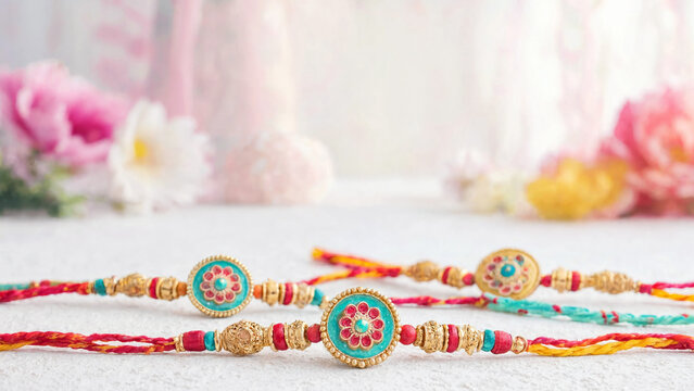 Raksha bandhan festival with traditional rakhi bracelets, sacred thread ceremony for brother sister, indian sibling bond, festive wrist jewelry, family celebration, hindu cultural tradition