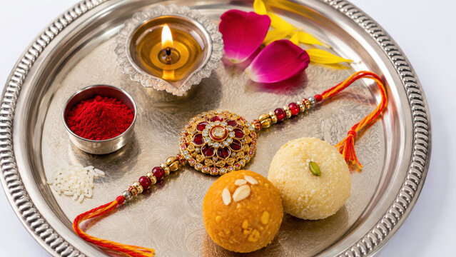 Silver rakhi puja thali with diya kumkum rice laddu, raksha bandhan puja thali, rakhi ceremony ritual, indian sibling celebration, brother sister bond, protection blessing, festive customs