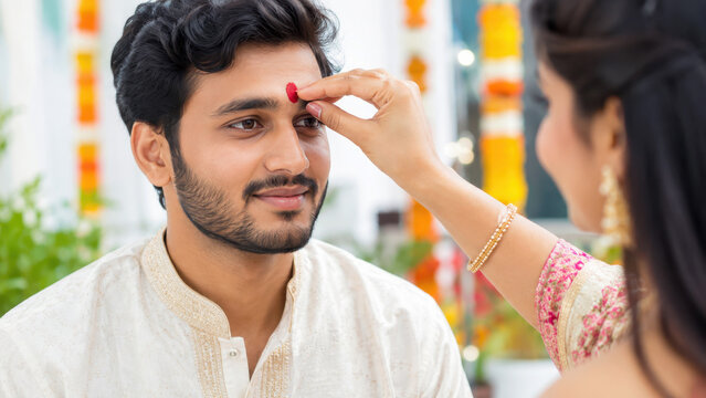 Sister applying red tilak to brother during rakhi ceremony, raksha bandhan tilak ceremony, sister blessing brother, indian sibling ritual, kumkum forehead mark, traditional hindu customs