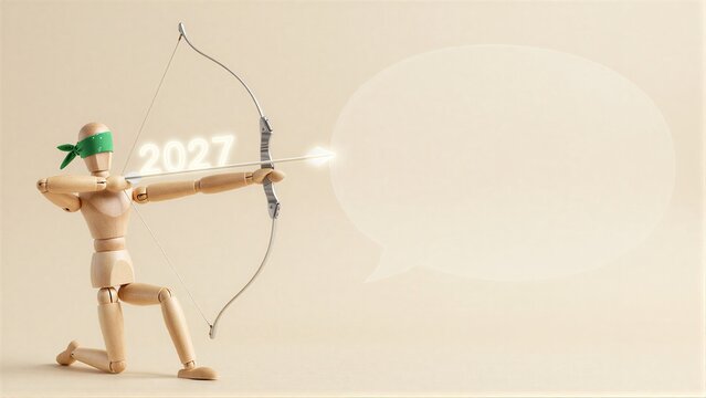 Wooden archer aims arrow marked '2027' toward empty speech bubble.