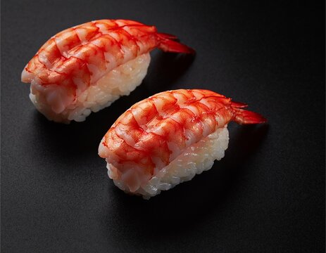 Two pieces of cooked shrimp nigiri (ebi).