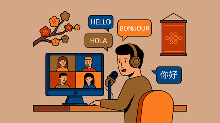 Man with headphones on video call, speaking into microphone, with greetings in multiple languages © moh