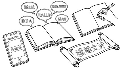 Vector illustration of translation tools: phone app, open books, scroll with text, and speech bubbles with greetings in different languages. © moh