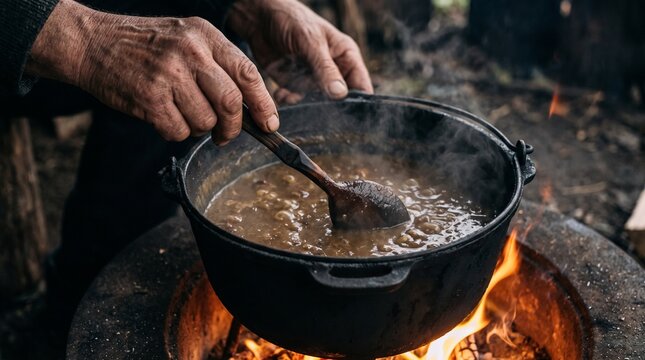 A person's hands stir a steaming pot over an open campfire, creating a rustic and hearty meal
