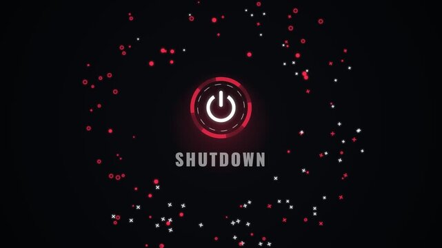 Red Neon Power Button Animation with Shutdown Text and Floating Particles