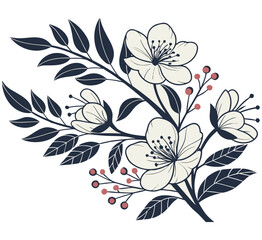 Obraz premium Elegant botanical illustration featuring blooming flowers and dark leafy branches isolated on a plain white background