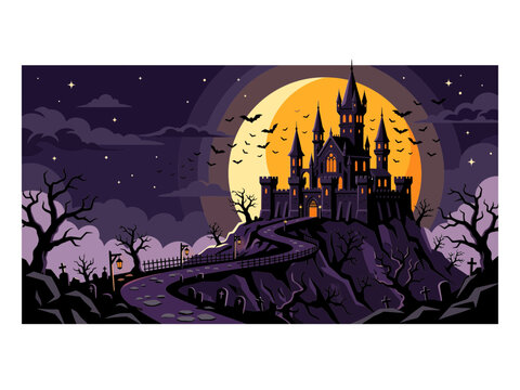 Pixel art gothic haunted castle scene at night with spooky hill full moon bats dead trees and winding path halloween illustration landscape