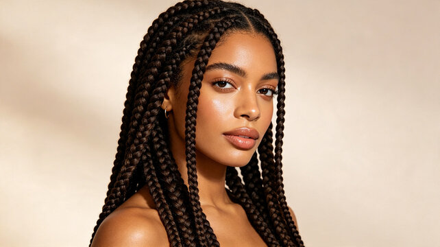 Close-up portrait of a beautiful young woman with intricate dark brown box braids, glowing skin, and natural makeup against a neutral background.