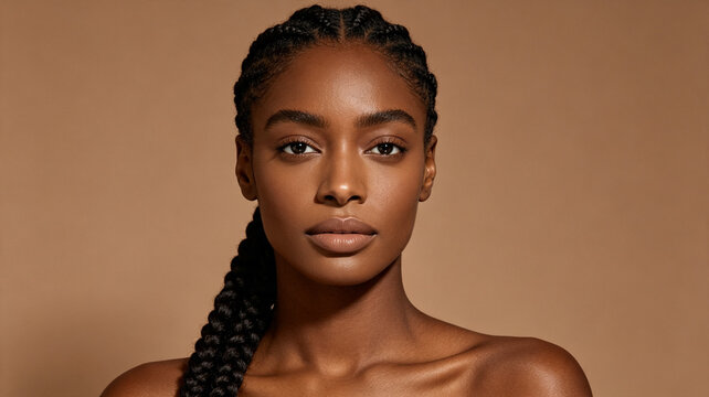 Close-up portrait of a beautiful Black woman with braided hair, smooth skin, and a neutral expression against a warm brown background.
