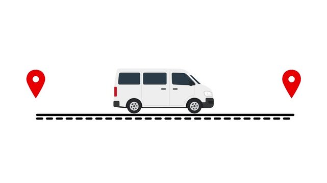 White Minivan Transporting Passengers Between Two Locations with Map Pins